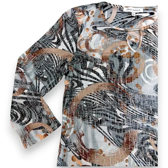 EMILY DANIELS-Women's Top-Brushed Abstract-3/4 Sleeve-SMALL-Black-Gray-Tan-White - Picture 4 of 15